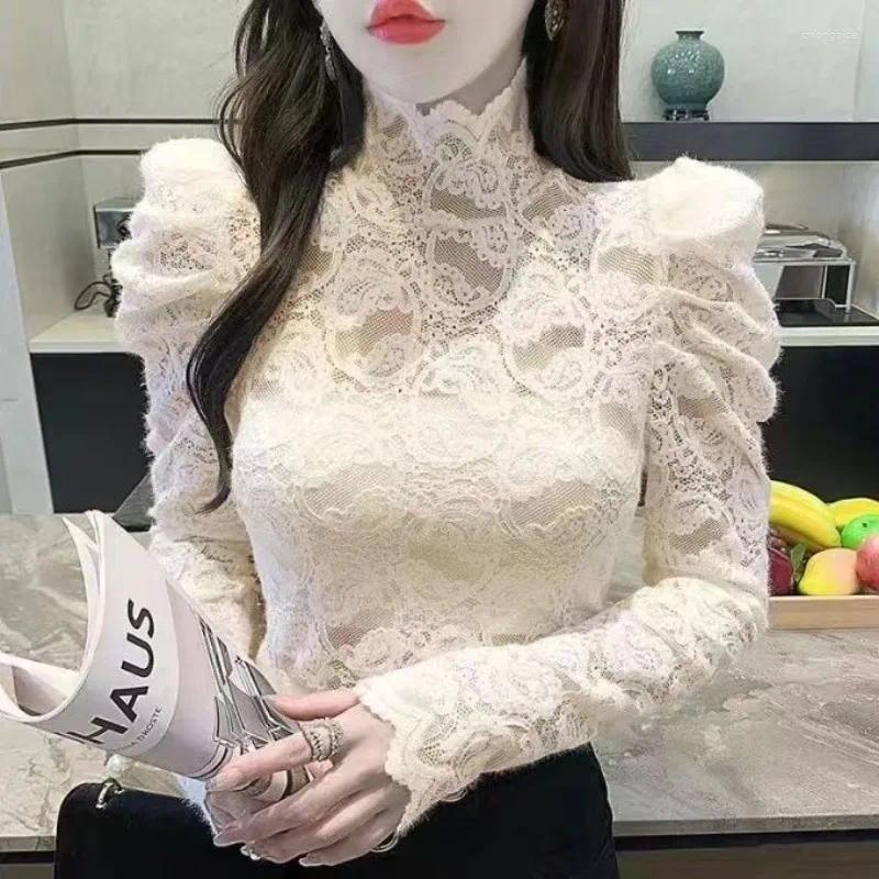 Women's Blouses 2025 Autumn Turtleneck Lace Blouse French Style Inner Wear Bubble Sleeves Temperament Long Sleeve Slim Fit Top