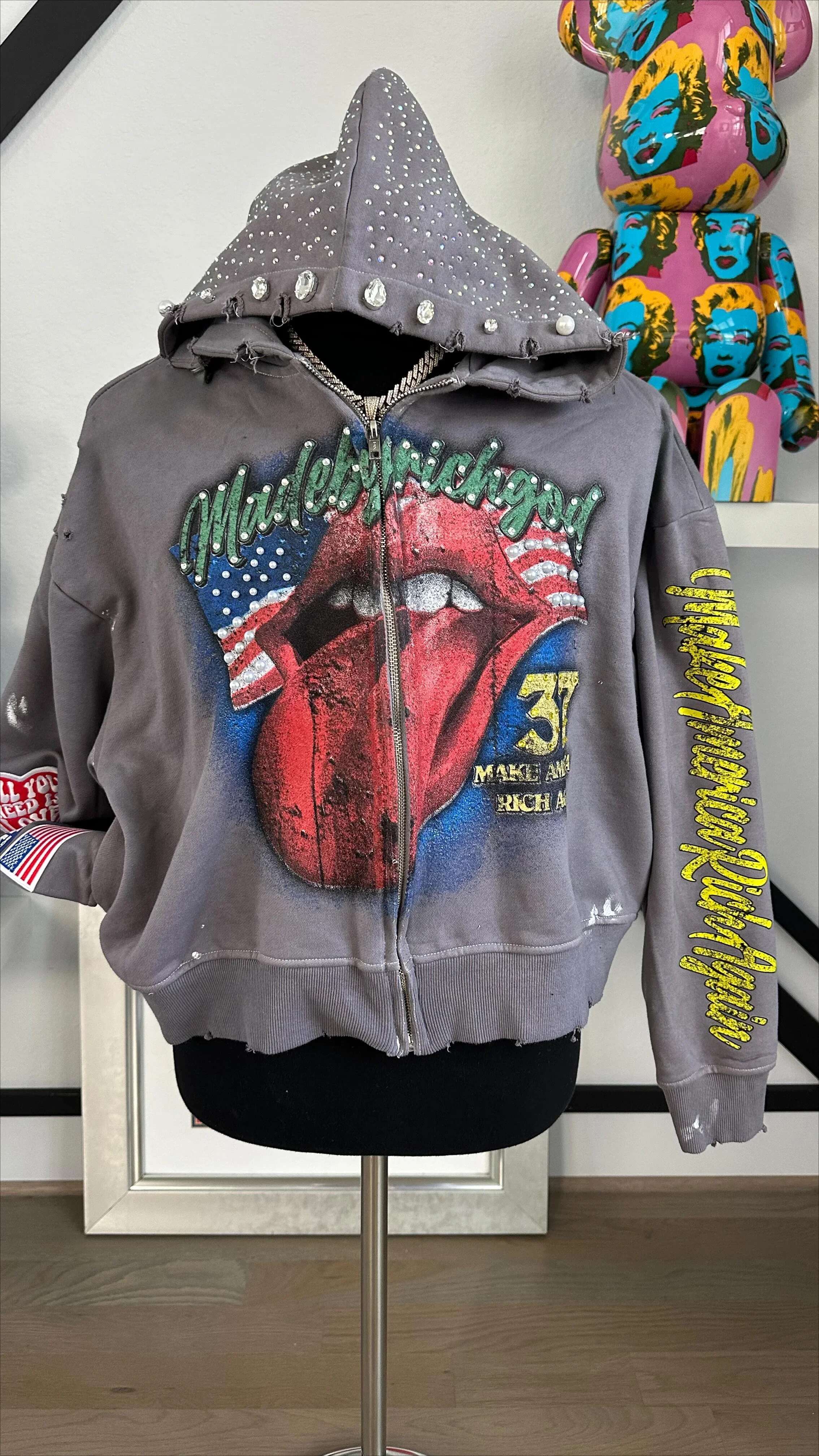 America Vintage Rhie Embroidery Pearls Trim Zipper Hoodie Y2k Gothic Pattern Print Loose Sweatshirt Men Clother Streetwear