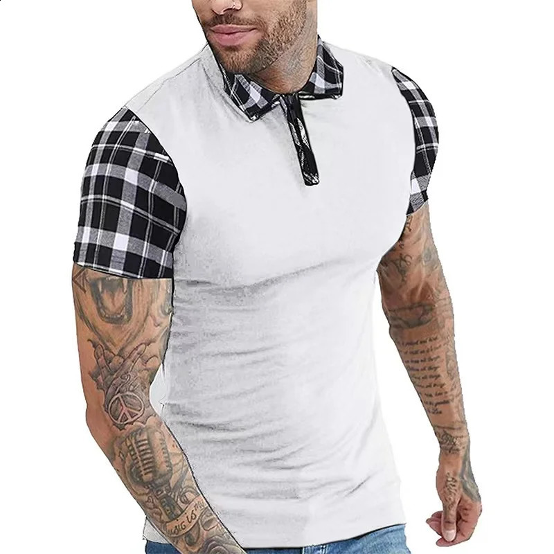 summer oversized mens checkered work short sleeved mens T-shirt casual solid color polo shirt 250409
