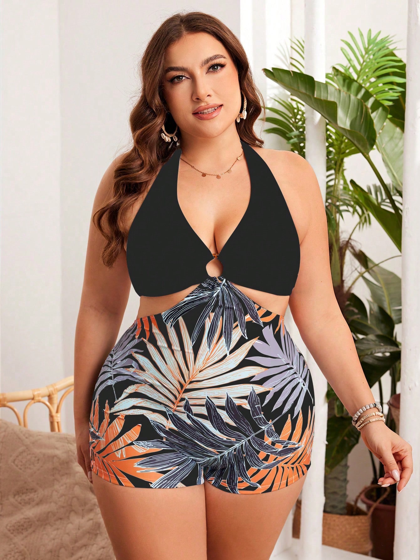 Plus Size Women's Two Piece Ring Linked Cut Out Bathing Suit Sleeveless Swimsuit Fashion print