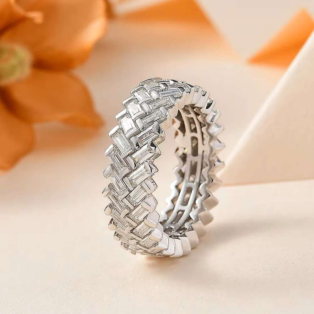 2-Row Baguette Full Moissanite Diamond Eternity Band for Women 925 Sterling Silver Herringbone Cut Wedding Ring Stackable Band