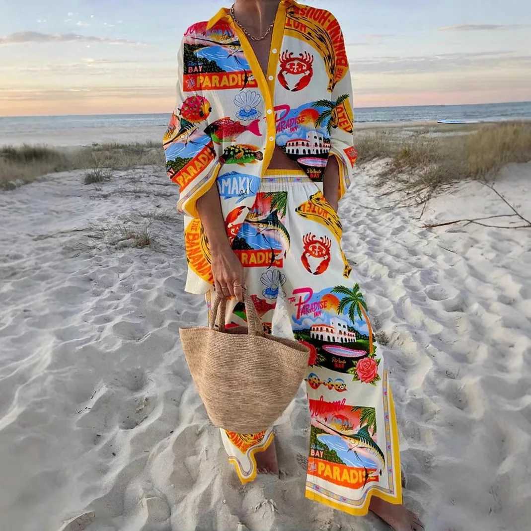 Fashion Printed Beach Holiday 2-piece Womens Spring/Summer Long Sve Top+Wide Leg Womens Oversized 2-piece SetXJ250414