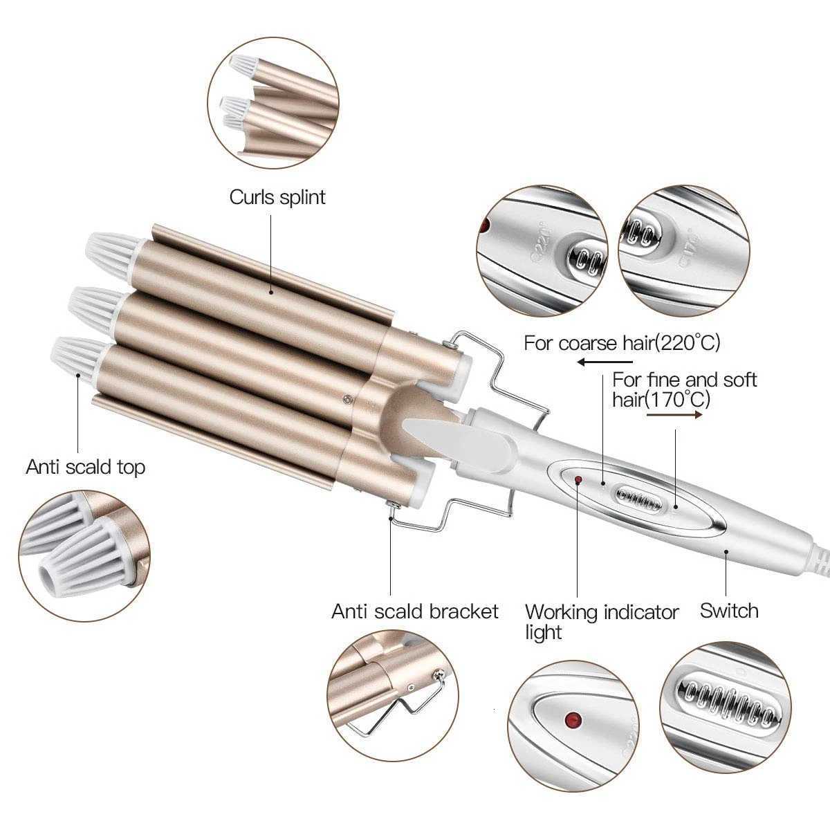 Professional 3 Barrel Curling Iron Wand Fast Heating Tourmaline Ceramic Hair Waver Styling Tool for Beautiful WavesT251114