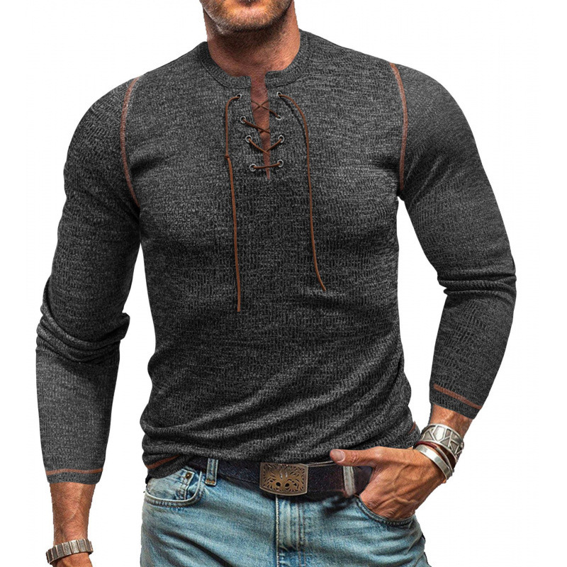2025 mens long sleeved lace up Henley shirt mens T-shirt outdoor sports trend top men