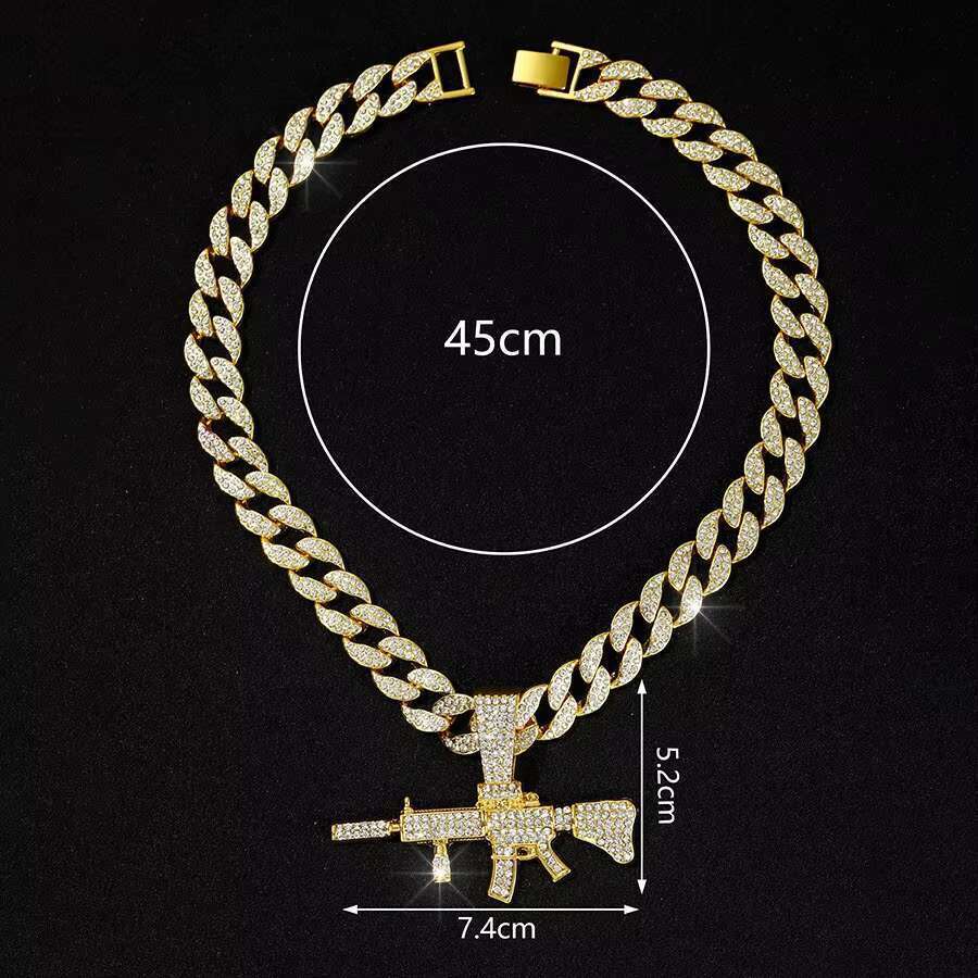DHCollections Unisex Hip Hop Gun Pendant with Dia Crown-shaped Cuban k Punk Style Necklace Zinc Alloy Buddhism Rope Chain