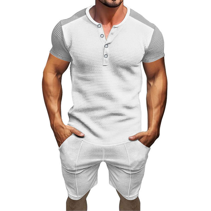 2025 Summer Fashion Light Mature Casual Color Block T-shirt Men's V-neck Single breasted Short sleeved Shorts Set