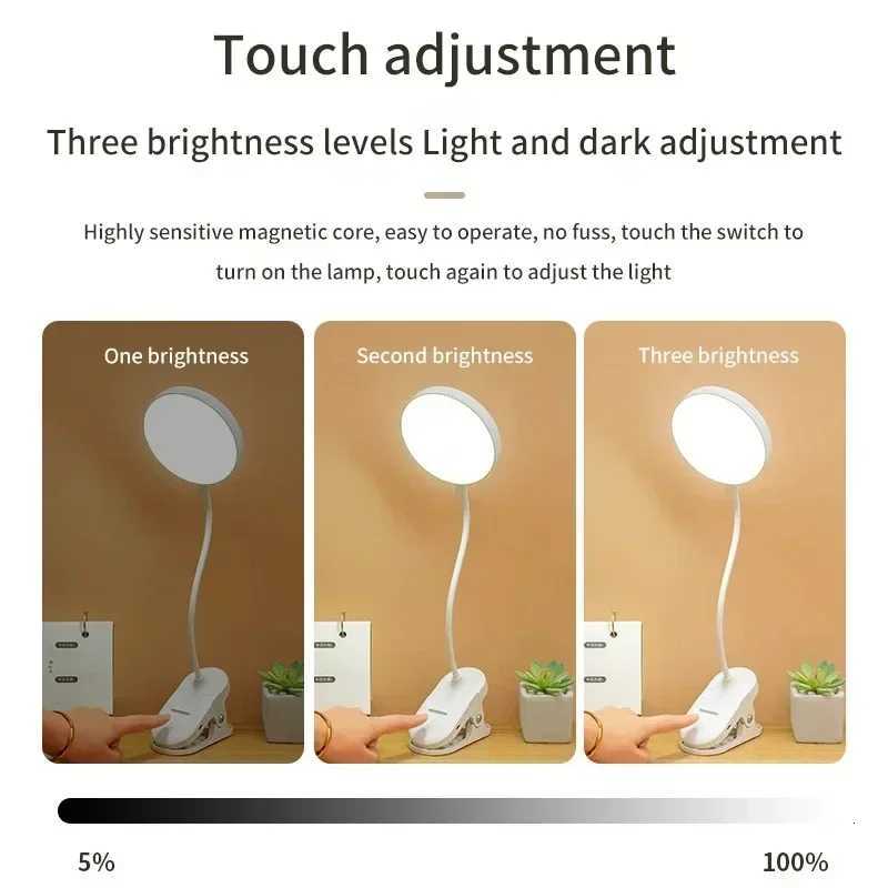 Portable USB Table Lamp Rechargeable Desk Lamp with Clip Bed Reading Night Light LED Touch 3 Modes Dimming Eye Protection Light M251114
