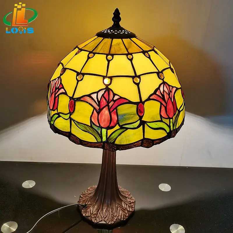 30CM American Country Tulip Desk Lamp Tiffany Style Bedroom Headboard Office Desk Decorative Lamp Warm Color Antique Countryside M251114