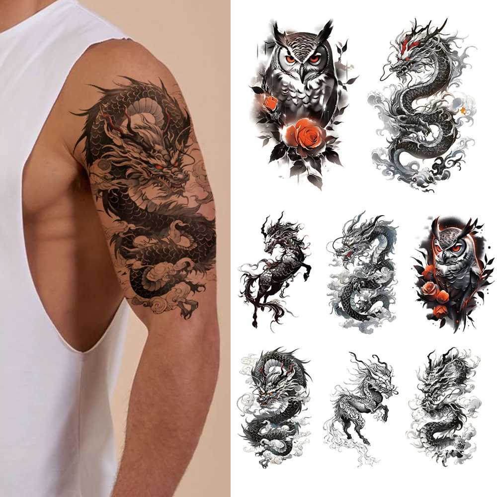 8 Waterproof Temporary Tattoo Stickers Flying Dragon Owl Rose Dark Animal Body Art Arm Fake Tattoo Sleeve WomenXJ25414