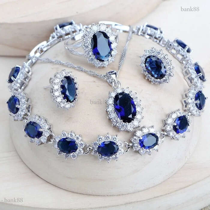 Wedding Jewelry Sets Silver 925 Women Bridal Jewelry Sets Blue Zirconia Costume Fine Jewellery Wedding Necklace Earrings Rings Bracelets Pendant Set 2