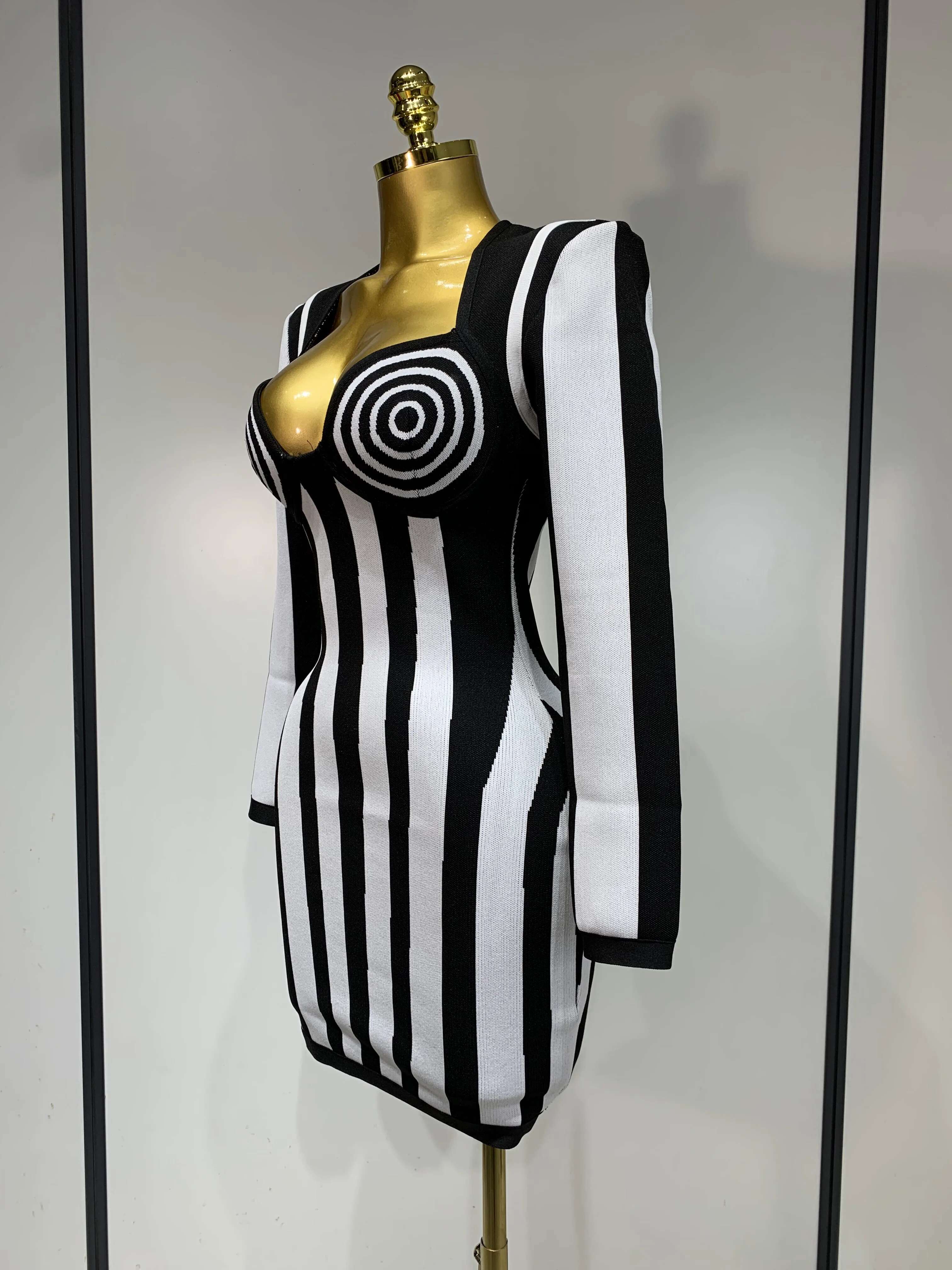 Designer womens dresses Sexy Short Skirt 2025 Long Sleeve Striped Black and White Mini Bandage Dress Celebrity Elegant Nightclub Birthday Dress