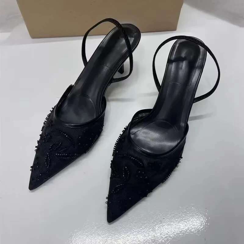2025 New Black Woman Embroidered Mesh Open Heel Shoes Fashion Print Stiletto Women High-heel Pumps Sexy Pointed End Sandals