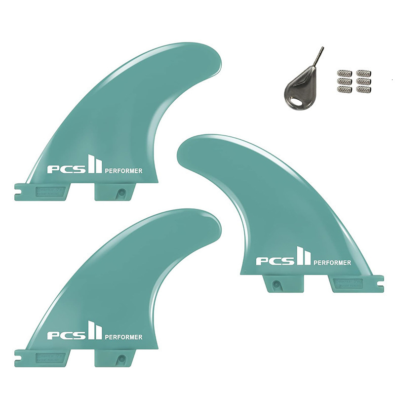 Fiberglass reinforced polymer surfboard with double fins 2/3/4/5 and blue/black fins 250222