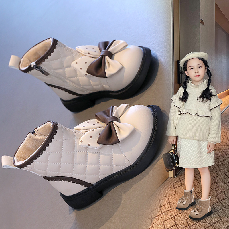 New Toddler Winter Girls Ankle Bow Grid Booties Princess Cute Snow Boots Walkfashion Kids PU Leather Dress Shoes Sizes 23 - 36 dh1922389