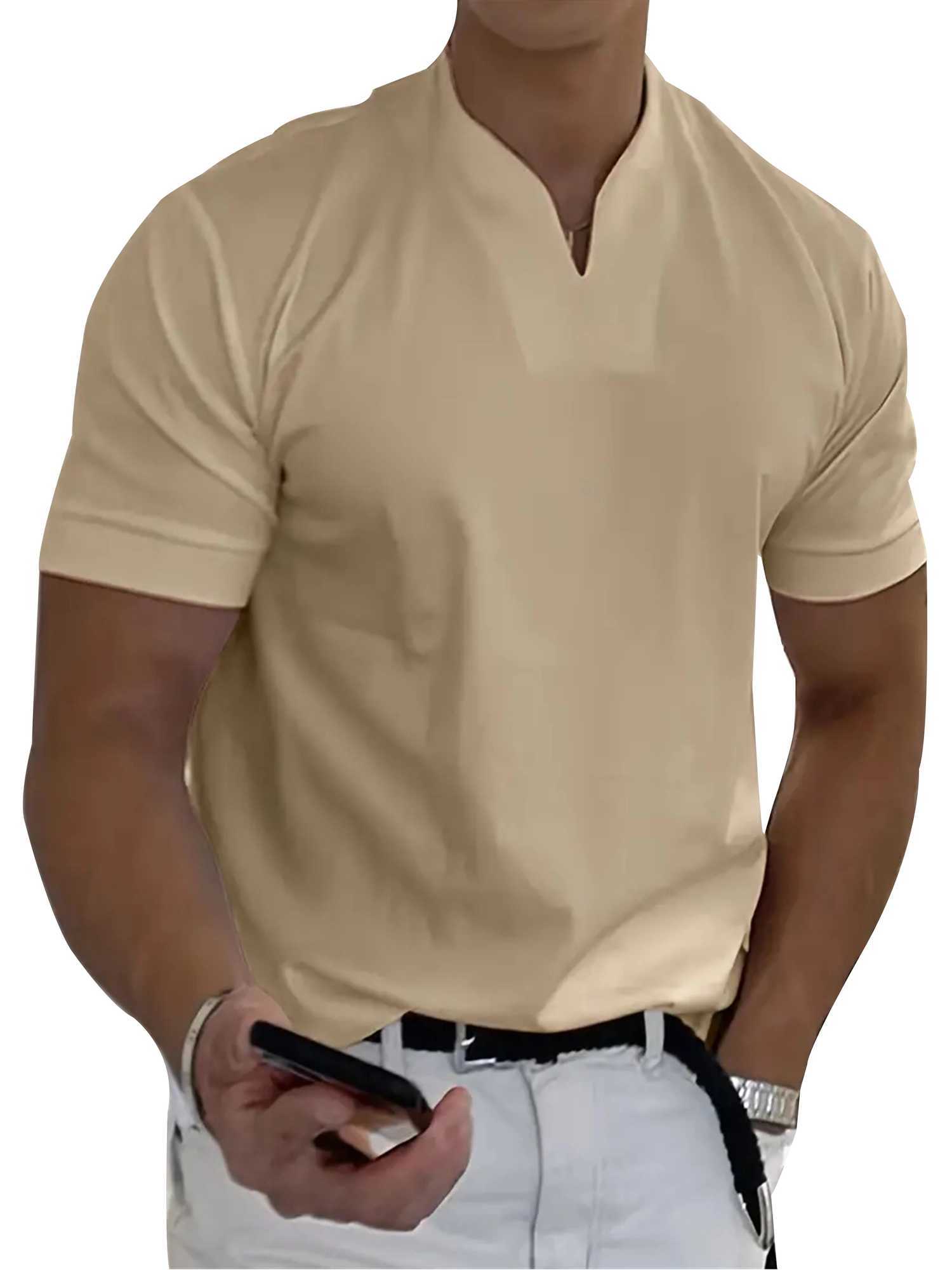 2025 new mens T-shirt fashion V-neck design ultra-thin fit solid color mens T-shirt top T-shirt short sleeved mens T-shirt W250414