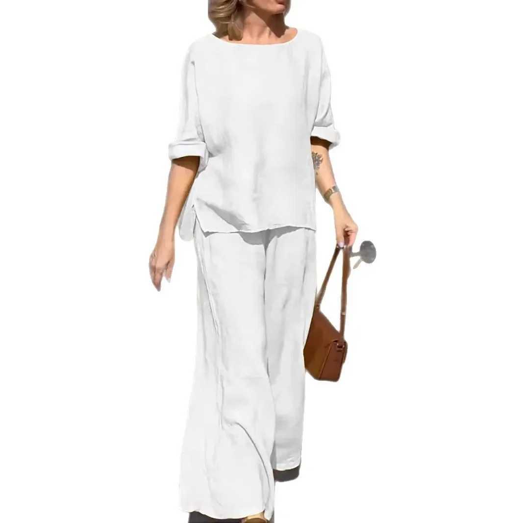 Womens comfortable cotton linen set loose pants two-piece set solid color casual spring and summer new styleXJ250414