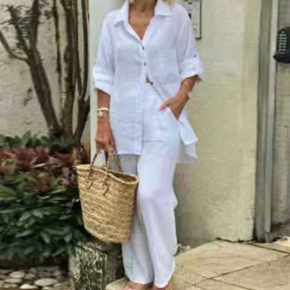 Summer Cotton Linen Leisure Home 2-piece Set for Women 2025 Fashion White Long Sve Shirt and Shorts 2-piece Set TracksuitXJ250414