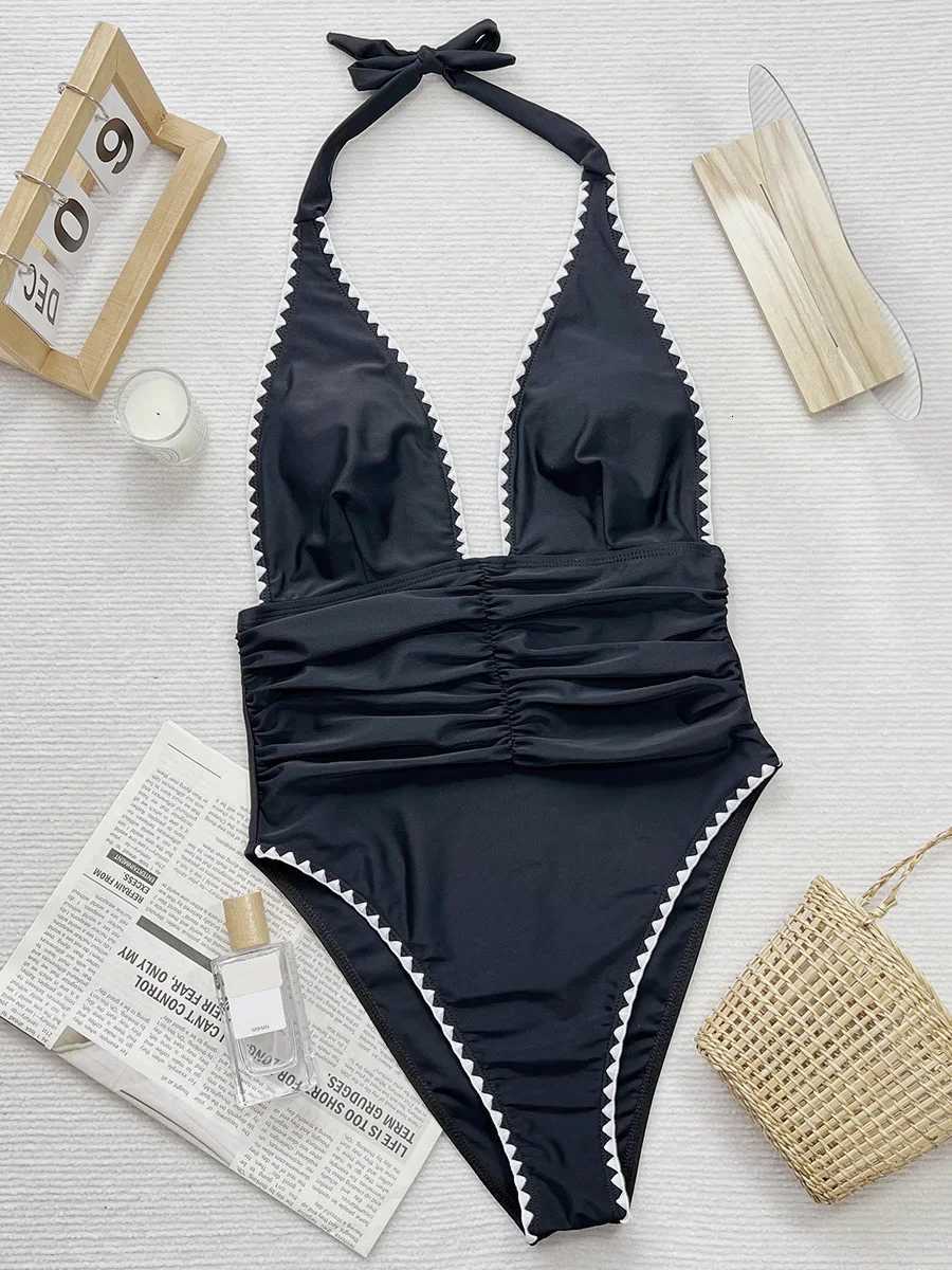 V Neck Halter Wrinkled Women Swimwear One Piece Swimsuit Female High Cut Backless Monokini Bather Bathing Suit Swim BeachwearW251113