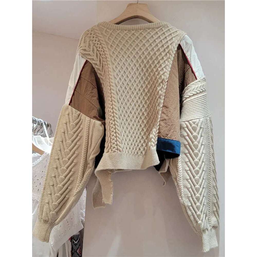DEAT New Fashion Women's Irregular Patchwork Knitted Sweater 2024 Autumn Trendy Oblique Single Breasted Tops Female 33A2043
