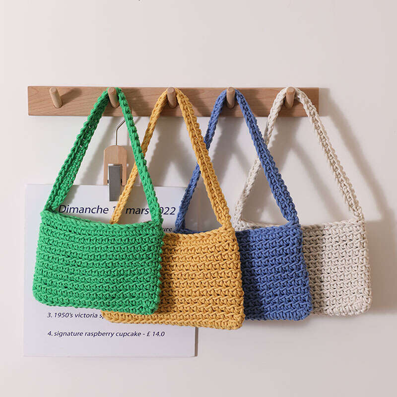 Handmade Beach Bag Versatile One Shoulder Cotton Thread New Small Fresh Square Underarm Grass Woven Bag Solid Color Commuter Handbag For Women Kq2