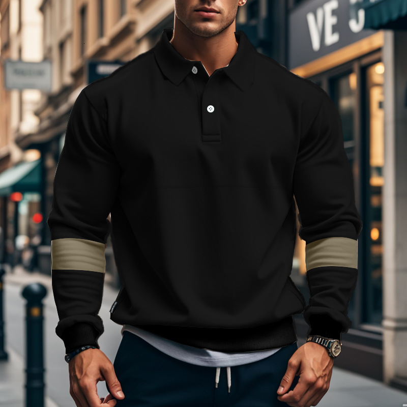 Autumn and winter American style lapel buckle long sleeved polo men's T-shirt loose color blocked oversized base shirt