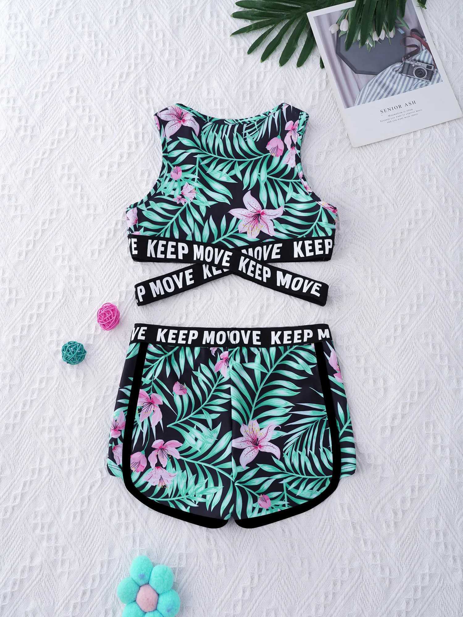 Kids Girls Swimsuit Two Pieces Swimwear Round Neck Sleeveless Cross Sash Crop Tops and Shorts Set Swimming Bathing Suit ClothesW251113