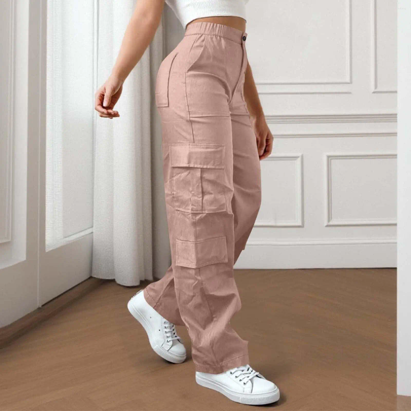 Women's Pants Casual Cargo Elastic Waist Straight Leg Trousers With Buttons Zip Pockets Outdoor Hiking Workwear Solid Color Z260314