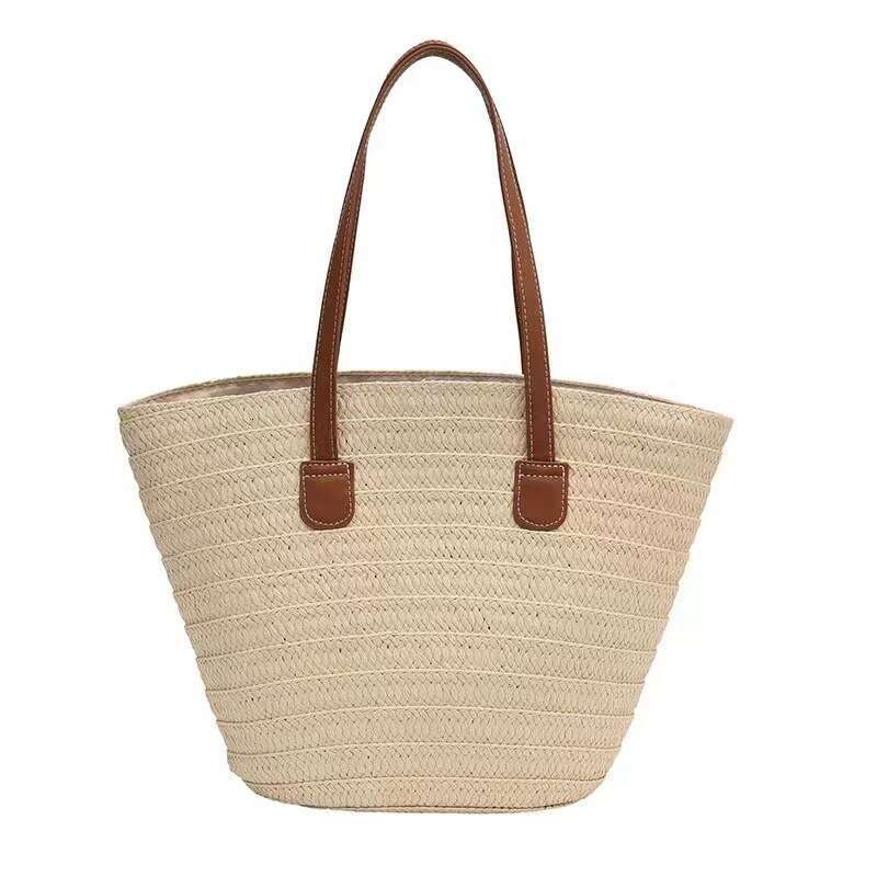 Handmade Beach Bag New Women's One Shoulder Large Capacity Seaside Vacation Style Versatile Commuter Tote Simple Straw Woven Bag Kq2