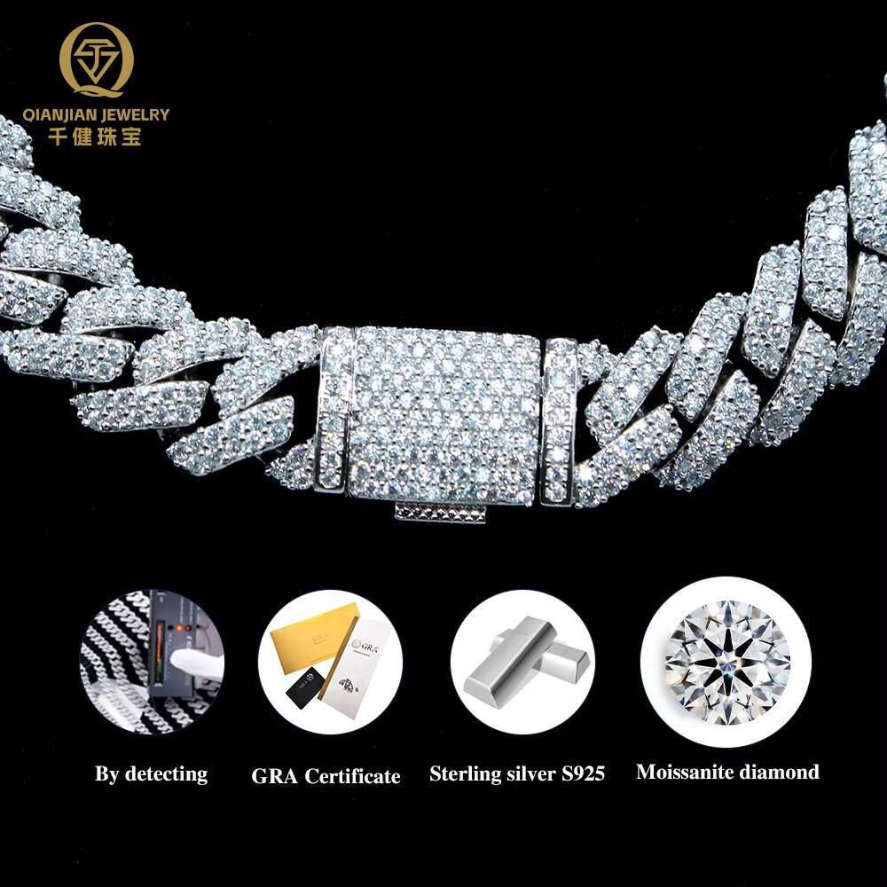 In Stock Luxury Jewelry Prong Setting 12mm Two Rows VVS Iced Out Moissanite Diamond White S925 Sterling Silver Cuban Link Chain