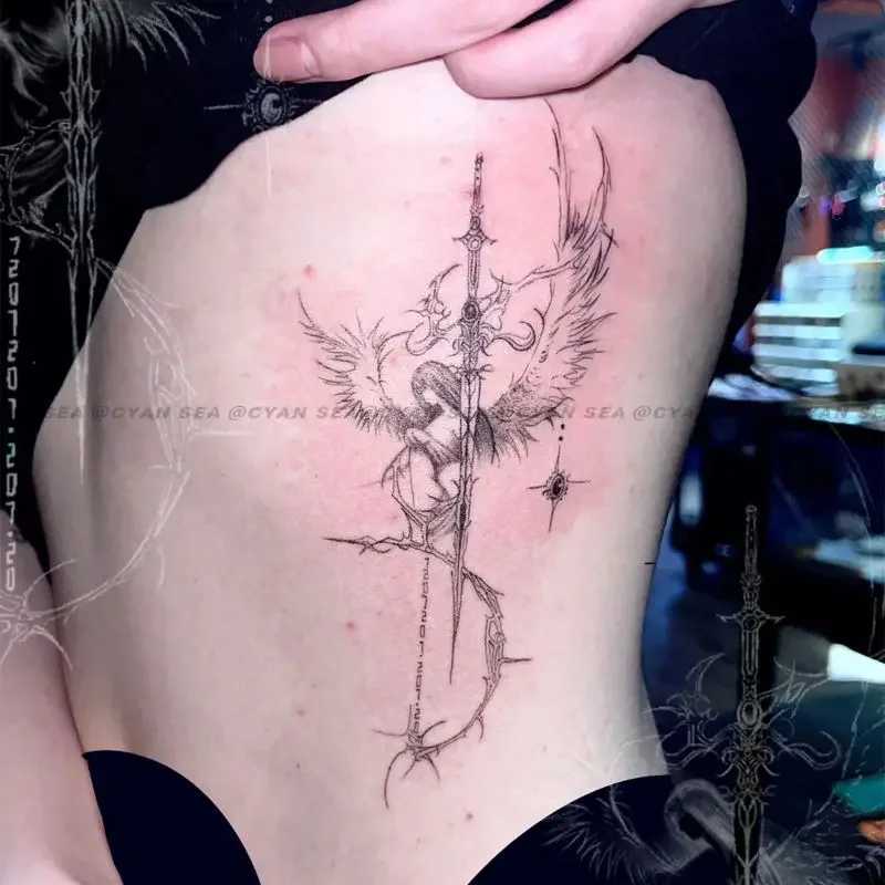 Herbal Sword Tattoo Stickers Angel Judge Semi Permanent Waist Fake Tattoo Female Punk Art Temporary Tattoo Cover ScarXJ25414