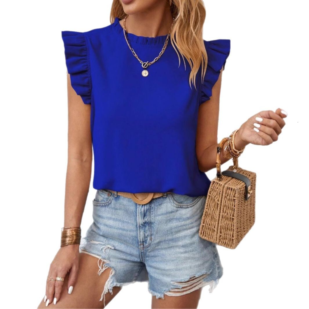 2025 Summer Round Neck Lotus Sleeve Solid Color Sweet Women's Tank Top