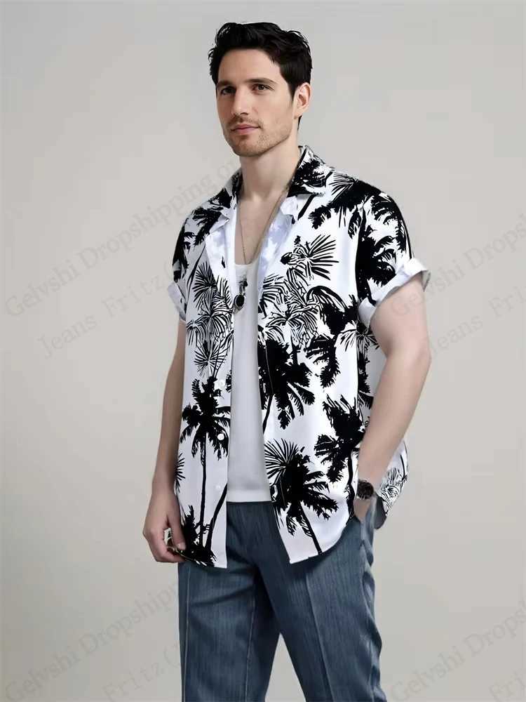 Mens casual loose Hawaiian shirt mens 3D printed floral plant beach shirt womens fashionable short sleeved shirt mens W250414