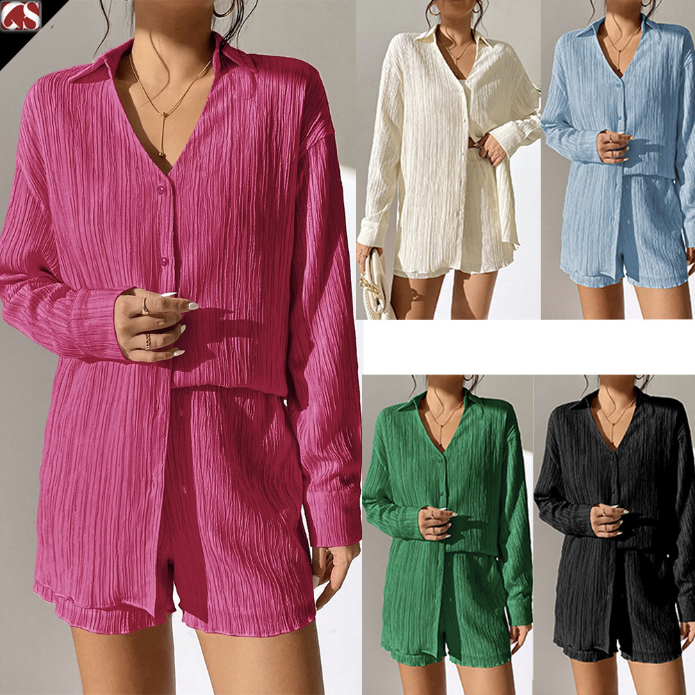 New V-neck shirt, long sleeved shorts, casual pleated texture pattern women's set