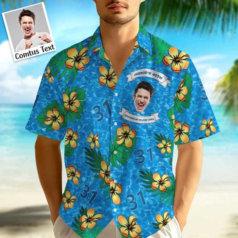 Customized Birthday Hawaiian Shirt Birthday Party Personalized Face and Age Short Sleeves Fun Gifts Blonde Singles Party Top W250414