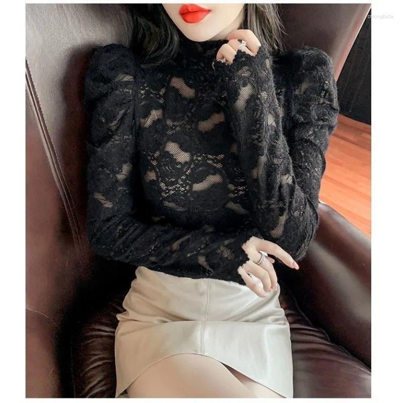 Women's Blouses 2025 Autumn Turtleneck Lace Blouse French Style Inner Wear Bubble Sleeves Temperament Long Sleeve Slim Fit Top