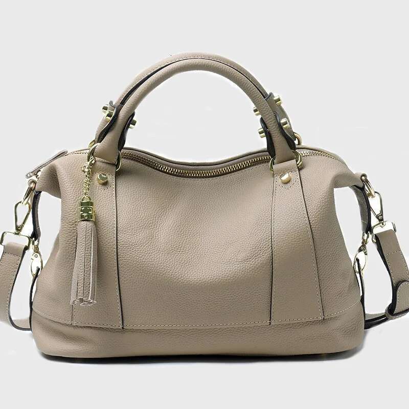 Women Genuine Leather Boston Handbag Fashion Tassel Design Shoulder Crossbody Bag Soft Cowhide Female Top-Handle Bags