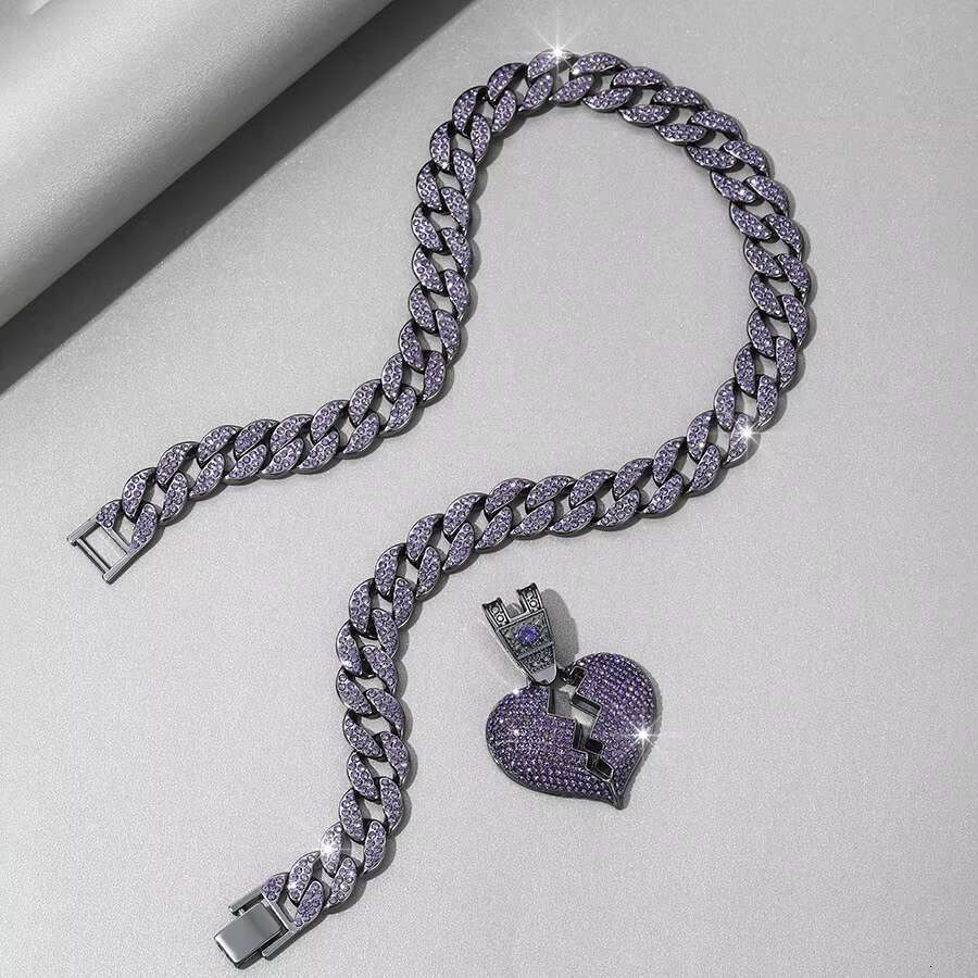 DHCollections Unisex Hip Hop Heart Break Pendant Necklace Punk Style with Dia Pearl Zircon Stainless Steel & Zinc Alloy Chains for Gift