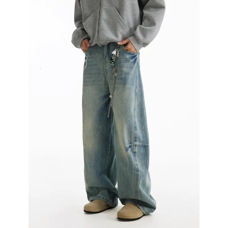 Distressed retro blue jeans mens wide leg Trousers oversized streetwear fashionable casual bag straight 250414