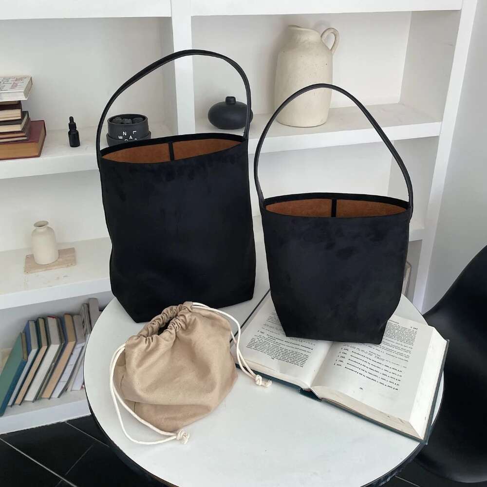 Retro Niche Design Glossy Cowhide Suede Leather Bucket Tote 2 Sizes Deep Grey Women Handbag Buckskin Commter Shoulder Bag