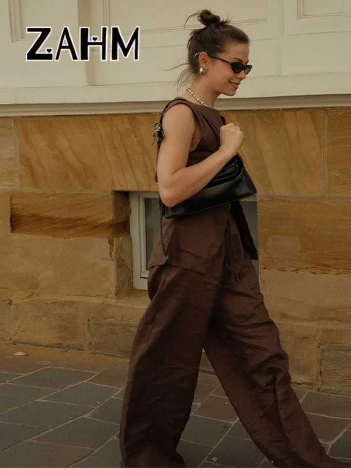 Ele asymmetrical vest pants set womens solid O-neck strapless top Drstring wide leg pants 2025 summer womens new setXJ250414