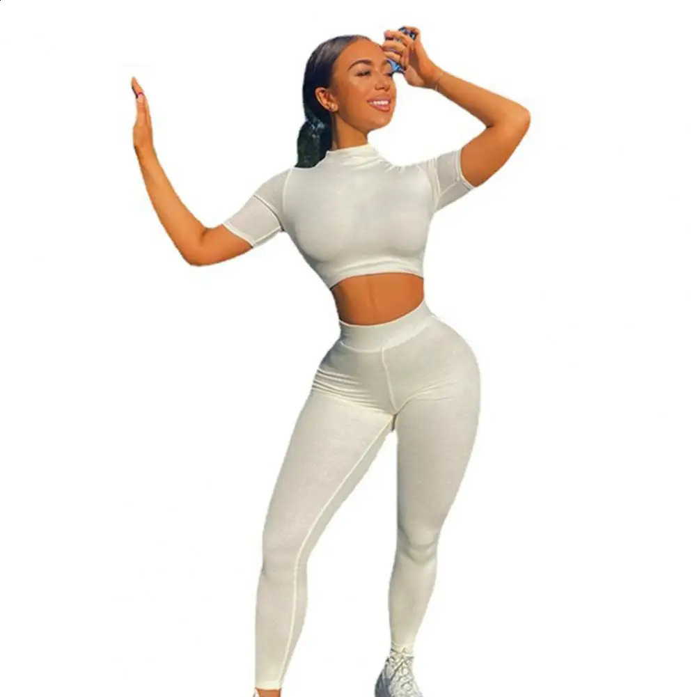 Solid Women Two Piece Set Short Sleeve Gym Top Crops Leggings Skinny Sporty Tracksuit 2023 Spring Summer Outfit Matching 250414