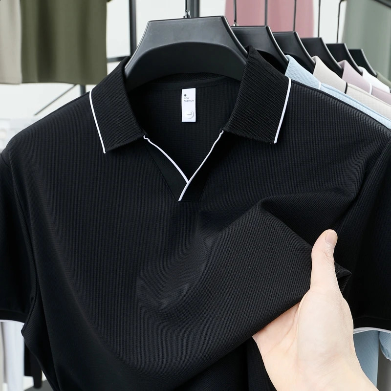 2025 summer high-end polo shirt fashion trend mens cotton t-shirt ice silk business casual lapel short sleeved solid 250411