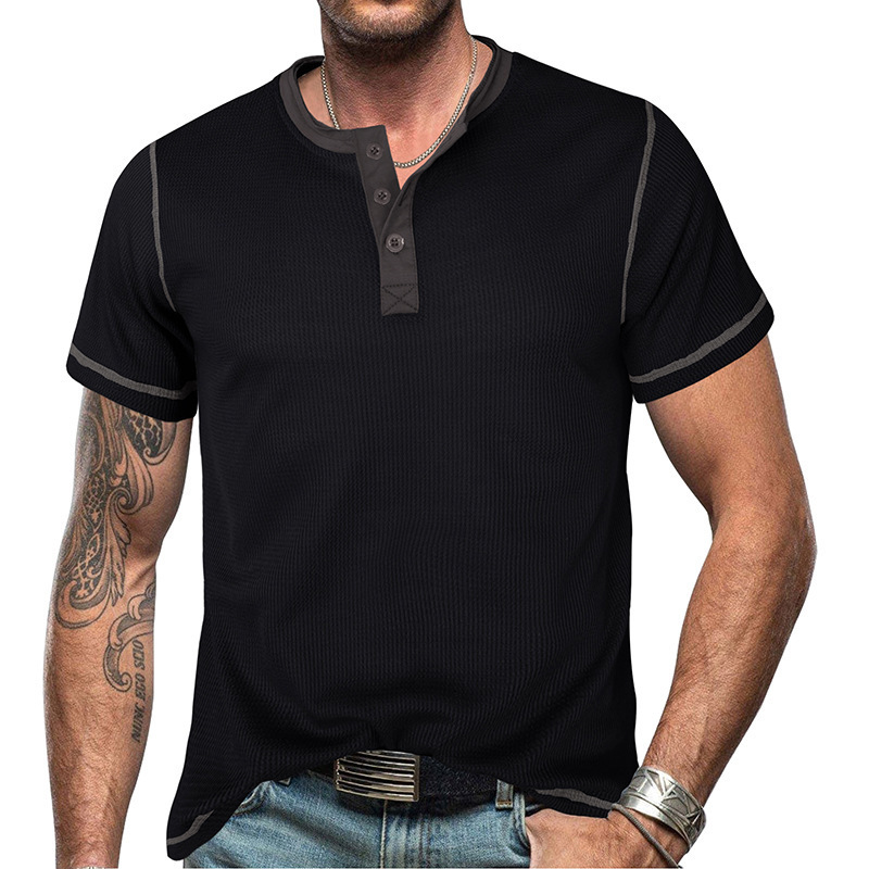 2025 Summer Mens Short sleeved Henley Shirt Mens T-shirt Top Color blocked Henley