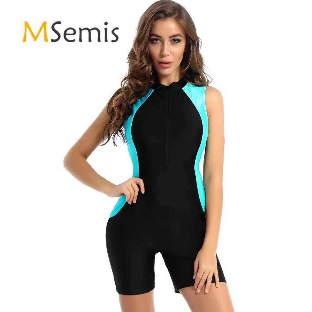 Womens Swimsuit One-piece Sash Guard Swimwear Rompers Swim Outfit Crew Neck Front Zipper Swim Bodysuit Jumpsuit AthleticW251113