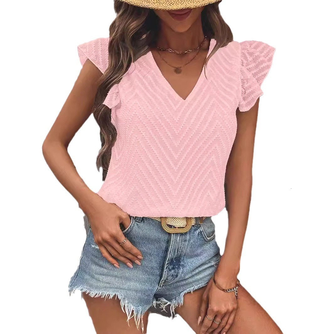 Women's Summer New V-neck Solid Color Jacquard Chiffon Lotus Leaf Short sleeved Top for Women
