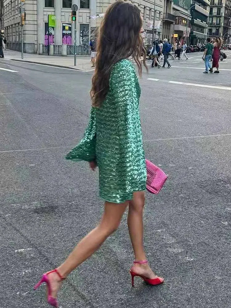 BKQU Shiny Deep-V Sequins Mini Dress Women Sexy Hollow Out Long Flare Sleeve Y2K Short Dress 2025 Chic Evening Party Lady Gowns 250409