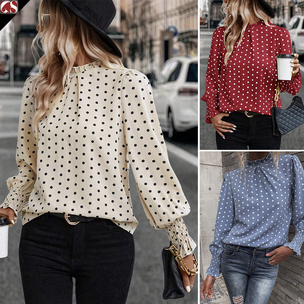 Women's 2025 new Temu ruffled polka dot printed bubble sleeve style women's shirt