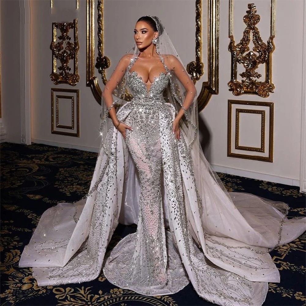 Luxurious Halter Mermaid Wedding Dresses Beaded Crystal Sleeveless Bridal Gowns Detachable Train Robe De Mariee Customized