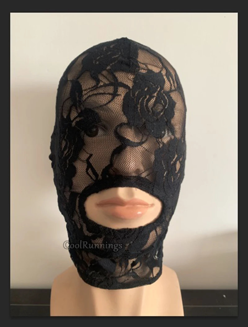 Black Open Mouth Spandex Lace Full Hood Role Play Sexy Dominatrix Slave Costume Mask 250410