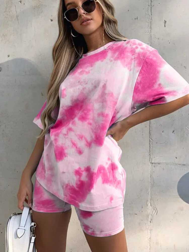 Tie dye printing two-piece set womens basic T-shirt shorts casual clothing lounge clothing fashion comparison jogging setXJ250414